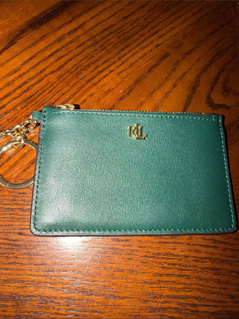 Ralph Lauren Teal Green Leather Card Case with Gold Key Ring